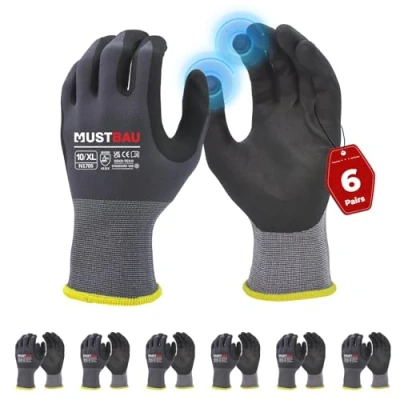 Afbeelding van Mustbau 6 paar werkhandschoenen met touchscreen, slijtvaste nitril handschoenen, uitstekende grip, geschikt voor tuinieren, mechanica, bouw (grijs, XL)