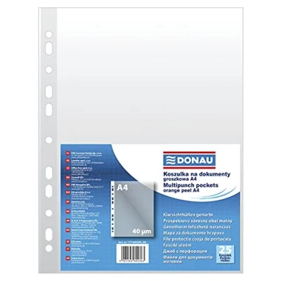 Afbeelding van DONAU 1774925PL 00 25 stuks transparante kunststof geperforeerde hoezen voor documenten, papieren, mappen, A4 formaat, transparant, 40 micron/µm