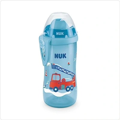 Image de NUK First Choice+ Gourde d&#039;apprentissage Flexi Cup À partir de 12 mois Anti fuite avec paille Clip et capuchon protection Sans BPA 300 ml Camion pompier (bleu)
