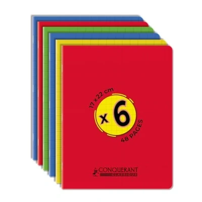 Image de Conquérant Lot de 6 Cahiers 17x22 48 Pages 90g Grands Carreaux Seyès Agrafées Couverture Polypro, Couleurs Assorties