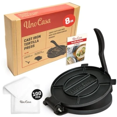 Afbeelding van Uno Casa Gietijzeren Tortilla pers maker van 20 cm doorsnee, Taco machine, voorbehandeld en met 100 velletjes bakpapier