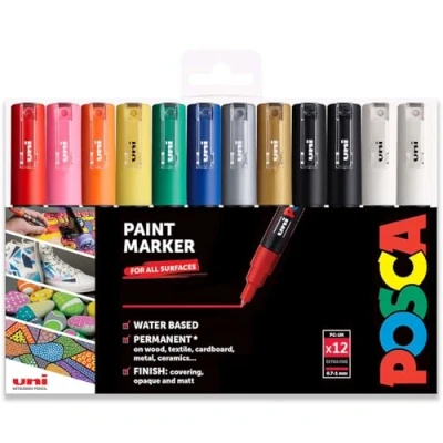 Afbeelding van Uni posca PC 1M Professionele markeerstiften, set van 12 met extra zwarte en witte markers