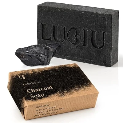 Afbeelding van lubiu Zeep met actieve kool, 100 g, zwarte natuurlijke biologische zeep, gezichtszeep, ambachtelijke acne, houtskoolzeep Deep Detox