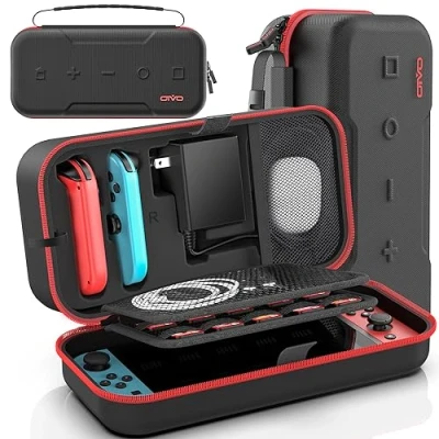 Afbeelding van OIVO Harde hoes voor Nintendo Switch &amp; OLED, draagtas Joycon en hardcase adapters, beschermhoes met 20 kaartvakken, rood