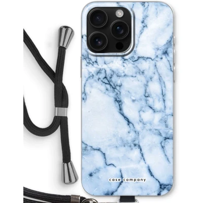 Afbeelding van Case Company® hoesje met Koord geschikt voor iPhone 16 Pro Max Blauw marmer Telefoonhoesje Zwart Bescherming aan alle Kanten en Over de Schermrand
