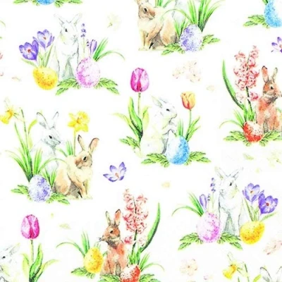 Afbeelding van Set van 20 servetten kleine konijnen op lentebloemen narcissus tulpen viooltjes Pasen 33 x cm