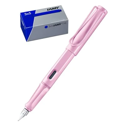 Afbeelding van Lamy 1 x Safari vulpen 0D2 in fijne lichtroze veer en 3 T10 inktpatronen originele doos inktkleur: blauw