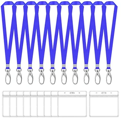 Afbeelding van 10 sets badgehouders met nekband, waterdicht, transparant, ID kaarthouder en nylon, halsband draaibare haak, naam halsband, voor kantoor, school, tentoonstelling (blauw,