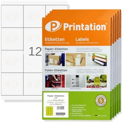 Afbeelding van Printation 4279 3661 6000 stuks 70 x 67,7 mm zelfklevende etiketten bedrukbaar op 500 vellen wit A4 3x4 12 zelfklevend papier cm