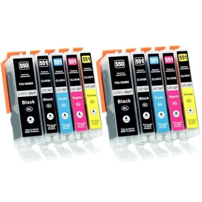 Afbeelding van 10 inktpatronen met chip, compatibel Canon PGI 550 CLI 551 voor Pixma IP7250 IX6850 MG5450 MG5550 MG5650 MG5655 MG6450 MG6650 MX725 MX925