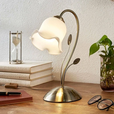 Afbeelding van Lindby Tafellamp 1licht glas, metaal H: 32 cm E27 wit, klassiek messing