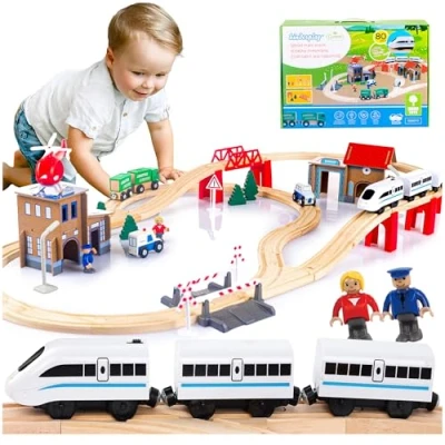 Afbeelding van Green series Kinderplay GS0010 Houten trein voor kinderen, en voertuigen rails pakket, trein, elektrische 378 cm lang circuit