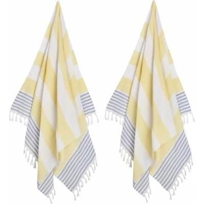Afbeelding van 2 x Hamamdoek XL Geel Zoem Strandlaken Katoen Sauna Wellness Zwembad Omslagdoek Badlaken Badhanddoek Yoga Stripe 100 180 cm