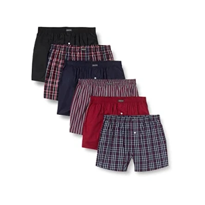 Image de Lower East Lot de 6 boxers style américain pour homme, Bleu marine/noir/rouge foncé rayé et à carreaux, L