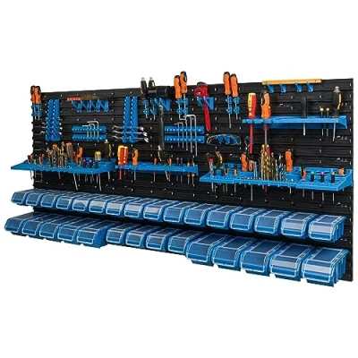 Afbeelding van Botle Set van 30 blauwe stapelboxen kunststof met deksel, wandpanelen 175,5 x 78 cm, magazijnbakken wandhouder, garage, werkplaats, opbergsysteem, wandhaken, gereedschapshaken