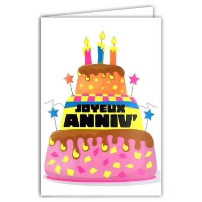 Afbeelding van 69 8132 Carte FLUO Joyeux Anniversaire Gâteau à étages 3 Bougies allumées étoiles Avec Enveloppe 12x17,5cm Intérieur Blanc pour écrire Véritables encres Créé et Fabriqué en France