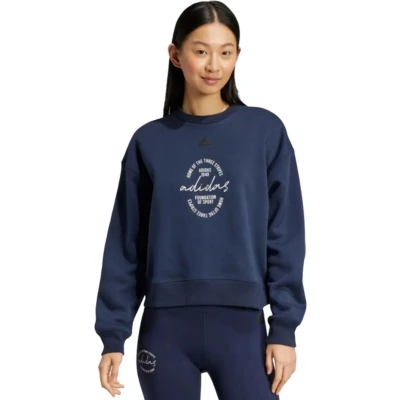 Afbeelding van Adidas Signature Graphic Print Fleece Loose sportsweater dames donkerblauw