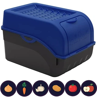 Afbeelding van ARTECSIS Vershouddoos voor levensmiddelen, 5 liter, blauw/aardappeldoos van kunststof met 6 stickers, het bewaren aardappelen, groenten, fruit, uien, knoflook