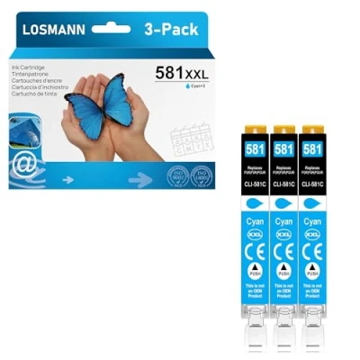 Afbeelding van LOSMANN Set van 3 inktpatronen cyaan compatibel met Canon CLI 581 XXL C voor Pixma TS6350 TS6150 TS8150 TS8250 TS6250 TS705 TS705a TS8151 TS6151 TS8152 TS8300 TS9150 TS9151