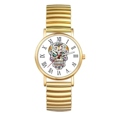 Afbeelding van JewelryWe Montre Femme Ultra Mince Easy Reader Bracelet Elastique Doré/Argent, Doré Crâne #4,