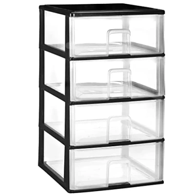 Afbeelding van COM FORT HOUSE Stapelbare commode van kunststof, transparant model, kleur zwart, model met 4 laden, modulaire opbergladen