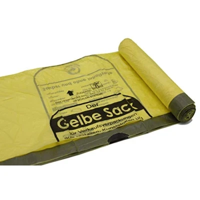 Afbeelding van 5 rollen gele zakken van 90 liter 15 µ 13 per rol met praktisch trekkoord