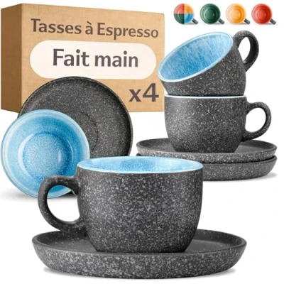 Afbeelding van Cosumy Espressokopjes met schoteltjes, set van 4 90 ml keramiek, handgemaakt reactief email, houdt de warmte langer (blauw)