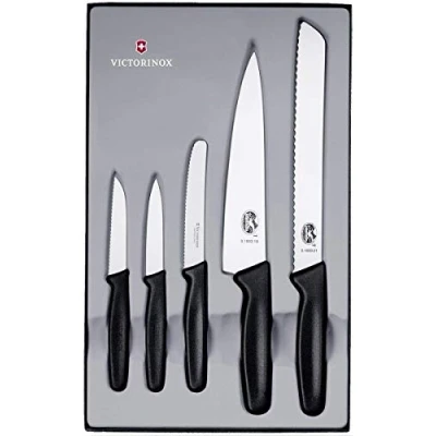 Afbeelding van Victorinox 5.1163.5 Cadeauset: 5 stuks zwarte handgreep: 2 kantoormessen + 1 tomatenmes snijmes broodmes