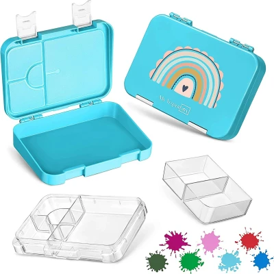 Afbeelding van Len bento Box lunchbox voor kinderen, met 4 + 2 vakken, extreem robuust, lunchbox, ideaal kinderopvang en school (Lichtblauw, regenboog)