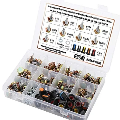 Afbeelding van 45 delige set potentiometer, (B1K B5K B10K B20K B50K B100K B250K B500K B1M), lineair, draaibaar, 3 klemmen