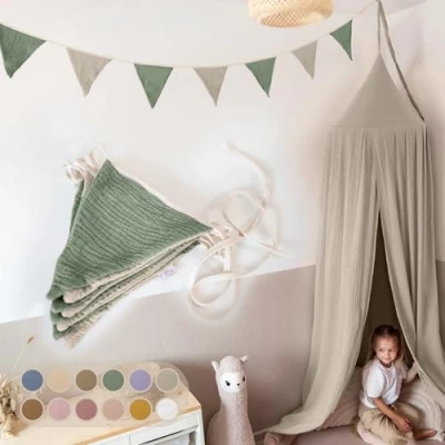 Afbeelding van lilimaus vlaggetjesslinger van stof [groen en lichtbeige] voor kinderkamer 100% handgemaakt katoen chiffon wimpelslinger beddecoratie