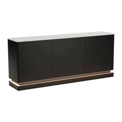 Afbeelding van Pascal MORABITO Buffetkast met 3 deuren en ledverlichting van mdf Zwart wit marmereffect DEVIKA L 189.6 cm x H 80 D 40
