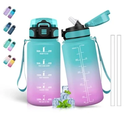 Afbeelding van bouteille d&#039;eau pour enfants, 500 ml, motivante, avec paille, gourde enfant, facile à nettoyer, bouteilles école, marque de temps, eau, jus, café,