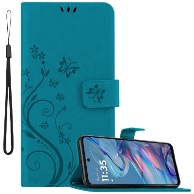 Afbeelding van Cadorabo Hoesje geschikt voor Motorola Moto G45 in BLOEMEN BLAUW Beschermhoes bloemmotief met magnetische sluiting, standfunctie en kaartsleuven Book Case Cover Etui