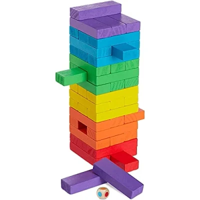 Afbeelding van beweegbare toren in kleur Kleurrijke houten Stapeltoren Klassiek gezelschapsspel educatief spel Stapelbare bouwstenen voor het hele gezin (48 stuks