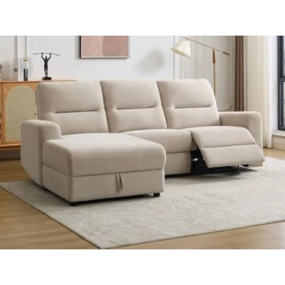 Afbeelding van Vente unique Elektrische relaxhoekbank met hoek links opbergruimte van beige stof BURIOCA L 250 cm x H 97 D 164