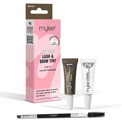 Image de Kit Cils et Sourcils Express de Mylee Formule 2 en 1 Sans Mélange, Teinture + Gel Révélateur Brosse Double Face, Professionnelle, Longue Durée, Semi permanente (Marron)