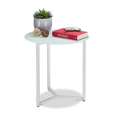 Afbeelding van relaxdays Bijzettafel glas metaal rond designertafel salontafel koffietafel tafel wit