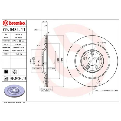 Afbeelding van BREMBO 09.D434.11 Remschijf 376 26 5 interne ventilatie Gecoat High carbon JAGUAR: F Type Coupe, XF Saloon, Sportbrake