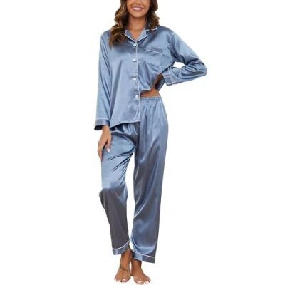 Afbeelding van Reliwel Satijnen pyjama voor dames met knoopsluiting, tweedelige pyjama, lange mouwen, V hals, comfortabele nachtkleding, klassieke loungewear alle seizoenen, Blauw Grijs