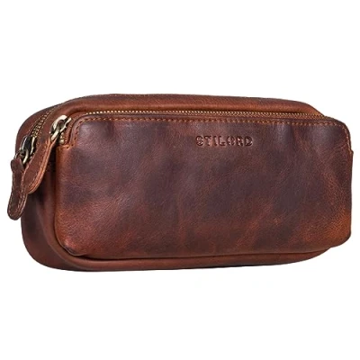 Afbeelding van STILORD Melissa Vintage etui van echt leer met ritssluiting, grote effen schooltas, make uptas voor dames en heren, kara, Cognac, M, vintage, Kara stijl