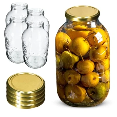 Afbeelding van KADAX Weck Set van 4 ronde glazen voorraadpotten met schroefdeksel 5 liter Voor jam, inmaken enz., goud