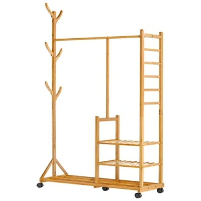 Afbeelding van Kapstok bamboe kledingrek met wieltjes, kledingstang, 3 planken en 6 haken, boomvorm, 100 x 38 176 cm, naturel