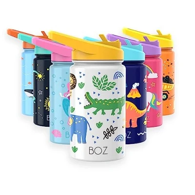 Afbeelding van BOZ Kinderwaterfles met rietjesdeksel, geïsoleerde roestvrijstalen waterfles voor kinderen, peuters, lekvrije kinderen en safari