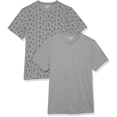 Image de Amazon Essentials Lot de 2 t shirts à manches courtes et col rond, pour homme, coupe ajustée, cactus gris/chiné, taille S