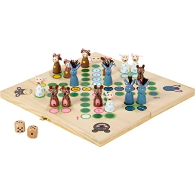 Afbeelding van small foot Ludo 6257 gezelschapsspel van hout boerderijdieren met praktisch opvouwbaar bord vanaf 4 jaar