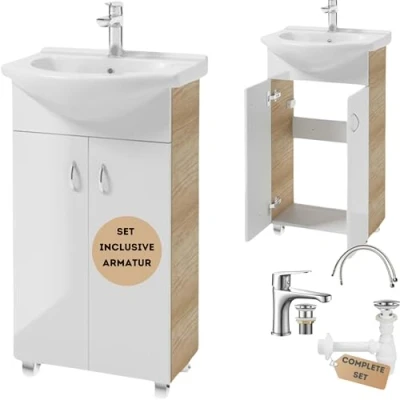 Afbeelding van Deftrans Domodomo Armoire de salle bain avec lavabo 80 x 50 26 cm Blanc En céramique Meuble sur pied pour petite Robinet lavabo, siphon, clic clac