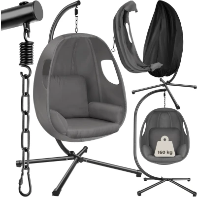 Afbeelding van tectake® Hangstoel met frame Schommelstoel kussen + rugkussen Meubels voor woonkamer, slaapkamer, balkonmeubilair Binnen of buiten tot 160kg antraciet