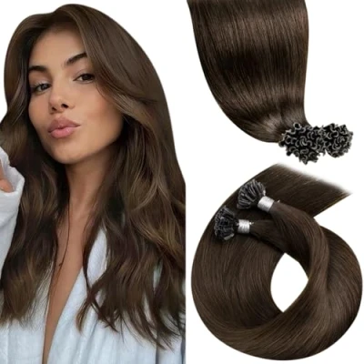 Afbeelding van LaaVoo Keratine extension met warmte, echt haar, #bruin, 50 g/50 stuks, 55 cm, Remy U Tip, extensions, natuurlijk bruin, voorgelijmd keratine, haar