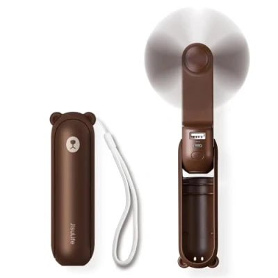 Afbeelding van JISULIFE Draagbare mini ventilator, 3 in 1 handventilator, oplaadbare zakventilator, werkt op batterijen, 14 21 uur werktijd met powerbank, zaklampfunctie, bruin